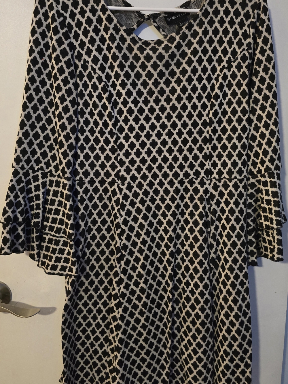 My Michelle Black and Cream Geometric Bell-Sleeve Dress